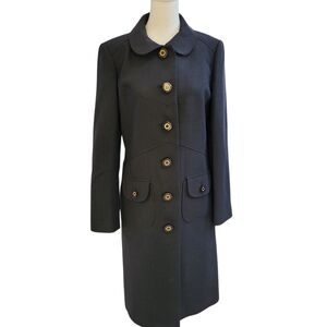 Tory Burch Black Peter Pan Collar Logo Buttons Wool Blend Trench Coat Size 6
